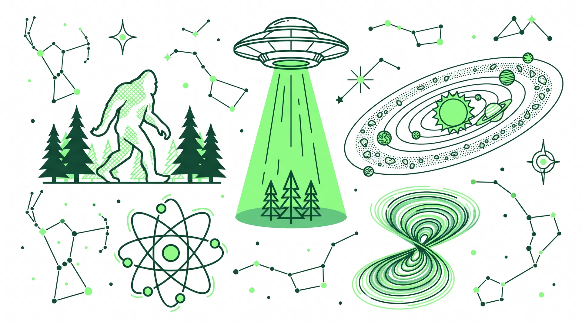 The Umbra Files research illustration — UFO, Bigfoot, atoms, solar system